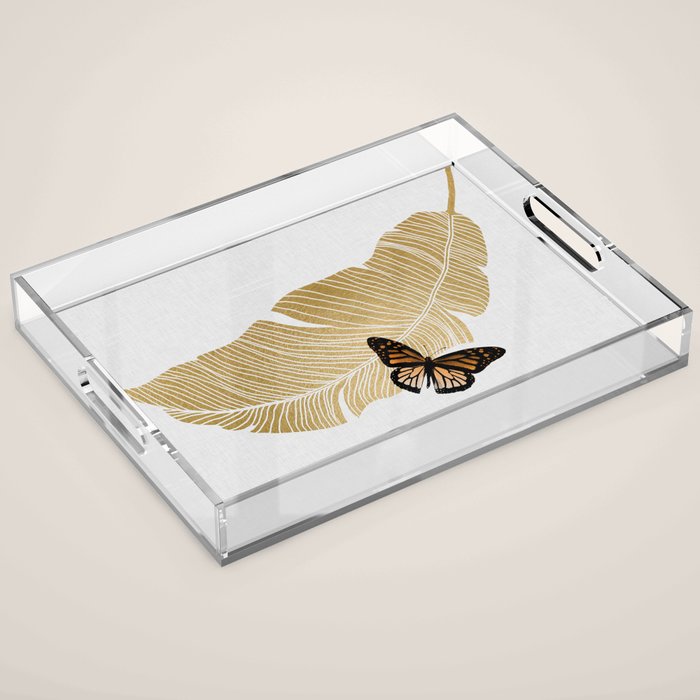 Butterfly & Palm Leaf, Gold Wall Art Acrylic Tray Gallery Image 1