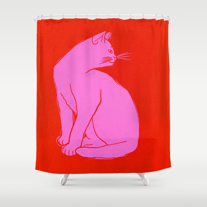 Pink Color Block Cat Shower Curtain Gallery Image 1