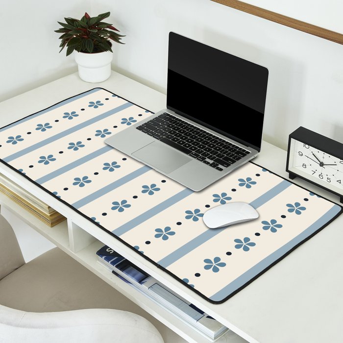 Blue And Cream Stripes And Flowers Desk Mat Gallery Image 2