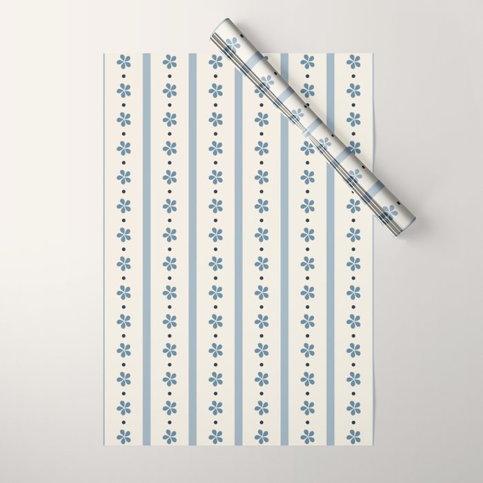 Blue And Cream Stripes And Flowers Wrapping Paper Gallery Image 1