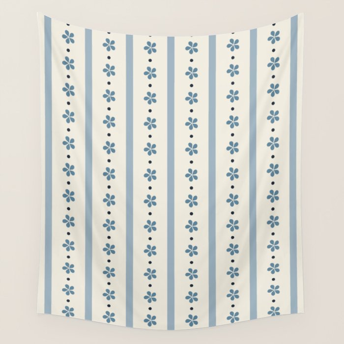 Blue And Cream Stripes And Flowers Wall Tapestry Gallery Image 1