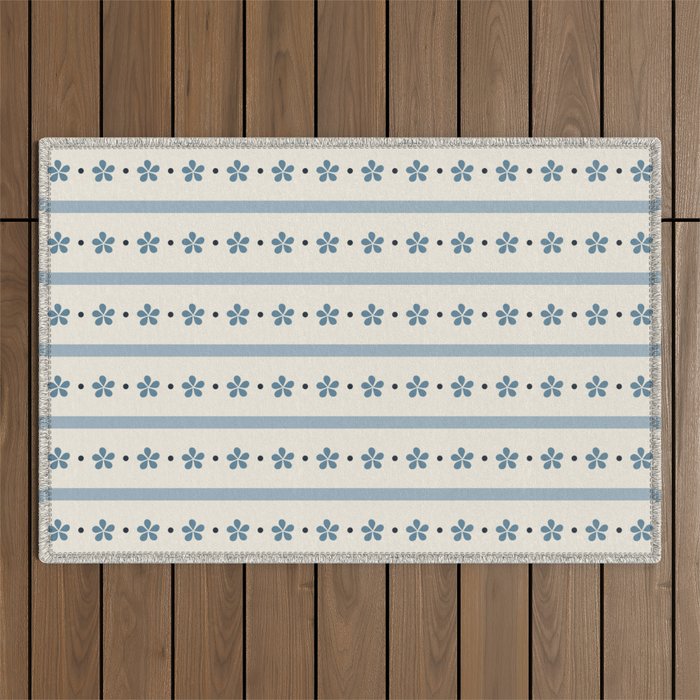 Blue And Cream Stripes And Flowers Outdoor Rug Gallery Image 1