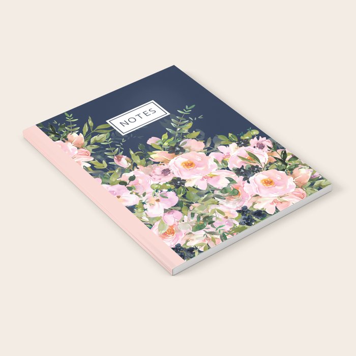 Boho, Floral Watercolor, Roses, Navy Blue and Pink Notebook Gallery Image 2