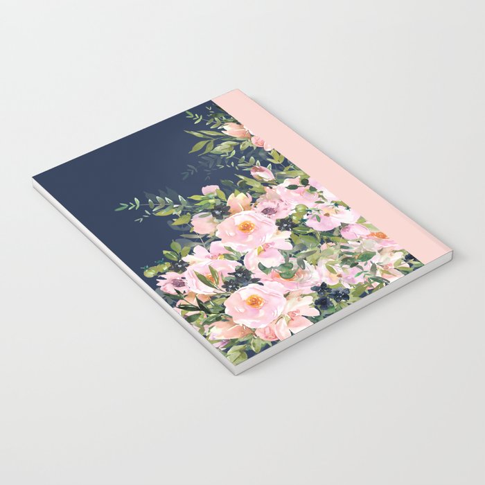 Boho, Floral Watercolor, Roses, Navy Blue and Pink Notebook Gallery Image 3