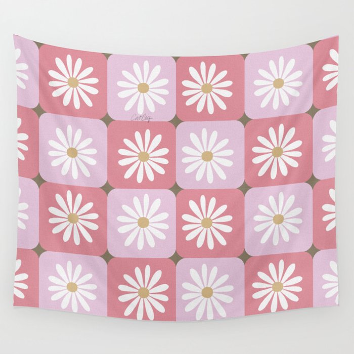 Checkered Daisies - Blush & Gold Wall Tapestry Gallery Image 1