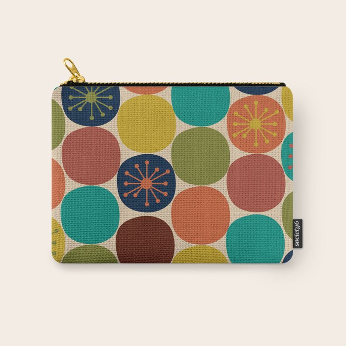 Midcentury Modern Atomic Dot Semi Pattern in Mustard, Olive, Orange, Turquoise, Blue, and Beige Carry All Pouch Gallery Image 1