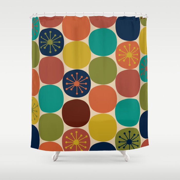 Midcentury Modern Atomic Dot Semi Pattern in Mustard, Olive, Orange, Turquoise, Blue, and Beige Shower Curtain Gallery Image 1