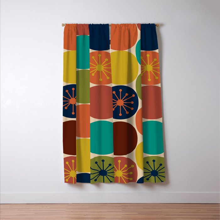 Midcentury Modern Atomic Dot Semi Pattern in Mustard, Olive, Orange, Turquoise, Blue, and Beige Window Curtain Gallery Image 3