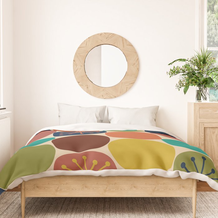Midcentury Modern Atomic Dot Semi Pattern in Mustard, Olive, Orange, Turquoise, Blue, and Beige Duvet Cover Gallery Image 3