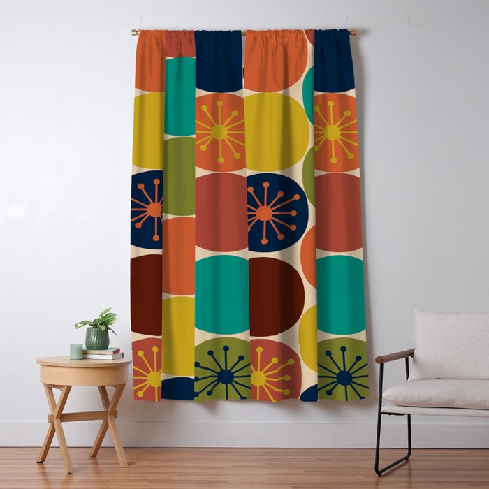 Midcentury Modern Atomic Dot Semi Pattern in Mustard, Olive, Orange, Turquoise, Blue, and Beige Window Curtain Gallery Image 5