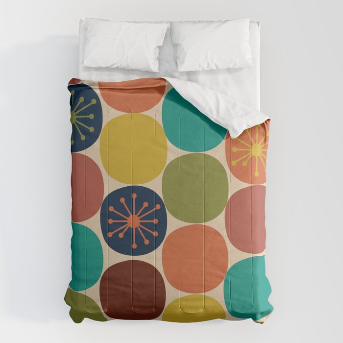 Midcentury Modern Atomic Dot Semi Pattern in Mustard, Olive, Orange, Turquoise, Blue, and Beige Comforter Gallery Image 1