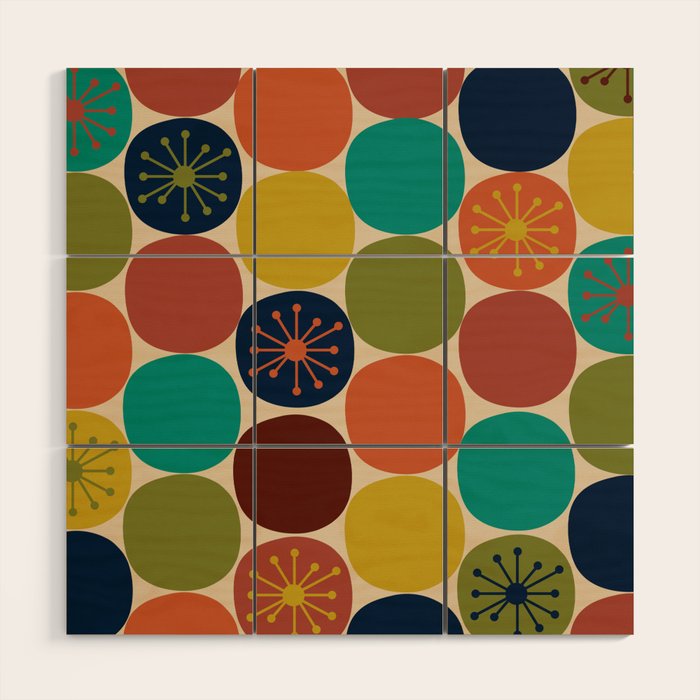 Midcentury Modern Atomic Dot Semi Pattern in Mustard, Olive, Orange, Turquoise, Blue, and Beige Wood Wall Art Gallery Image 1