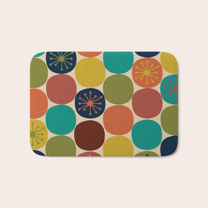 Midcentury Modern Atomic Dot Semi Pattern in Mustard, Olive, Orange, Turquoise, Blue, and Beige Bath Mat Gallery Image 1