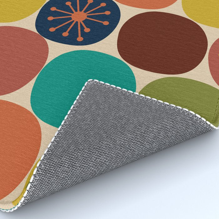 Midcentury Modern Atomic Dot Semi Pattern in Mustard, Olive, Orange, Turquoise, Blue, and Beige Rug Gallery Image 4