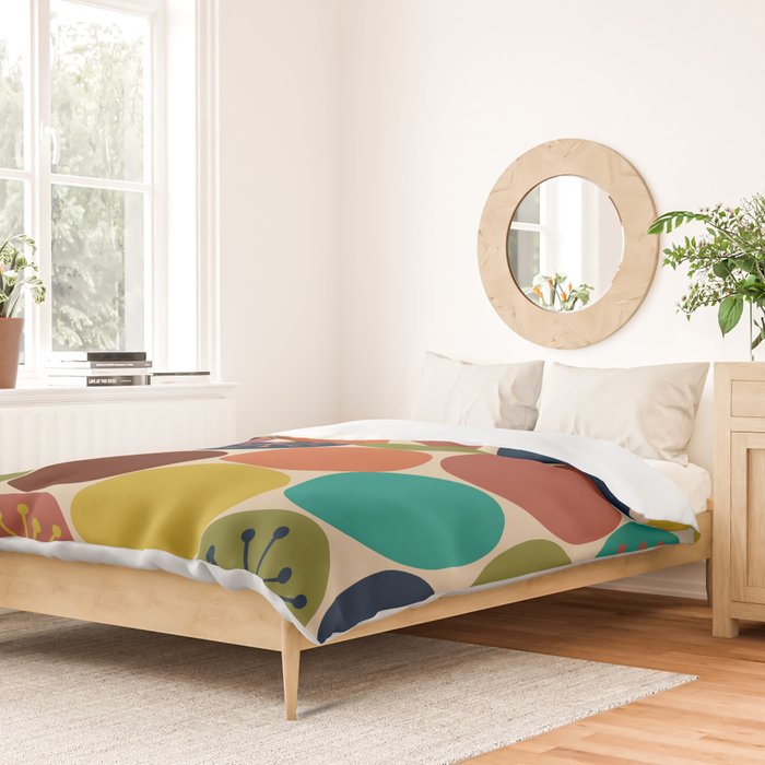 Midcentury Modern Atomic Dot Semi Pattern in Mustard, Olive, Orange, Turquoise, Blue, and Beige Duvet Cover Gallery Image 2