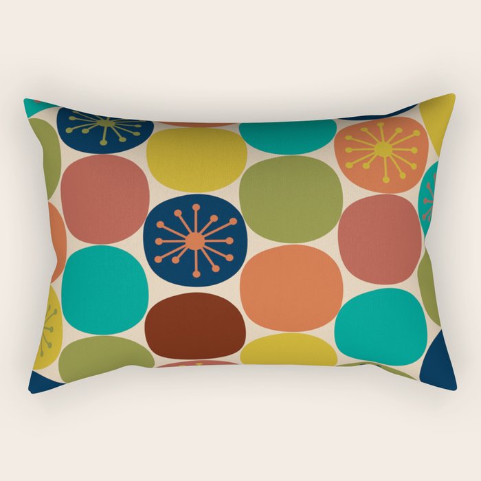 Midcentury Modern Atomic Dot Semi Pattern in Mustard, Olive, Orange, Turquoise, Blue, and Beige Rectangular Pillow Gallery Image 2