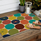 Midcentury Modern Atomic Dot Semi Pattern in Mustard, Olive, Orange, Turquoise, Blue, and Beige Outdoor Rug Gallery Image 2