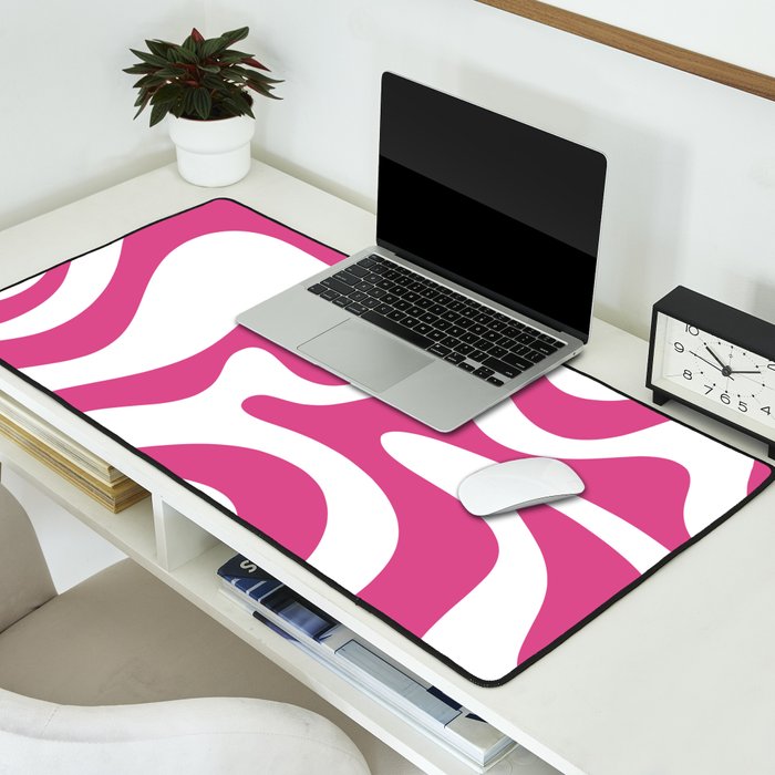Retro Liquid Swirl Abstract Pattern in Preppy Hot Pink Desk Mat Gallery Image 2