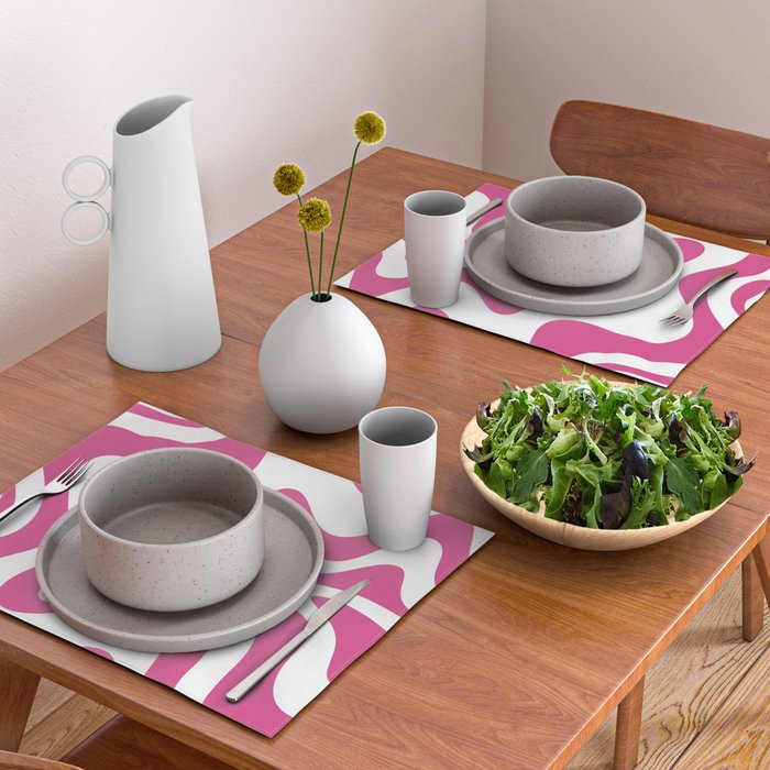 Retro Liquid Swirl Abstract Pattern in Preppy Hot Pink Placemat Gallery Image 2