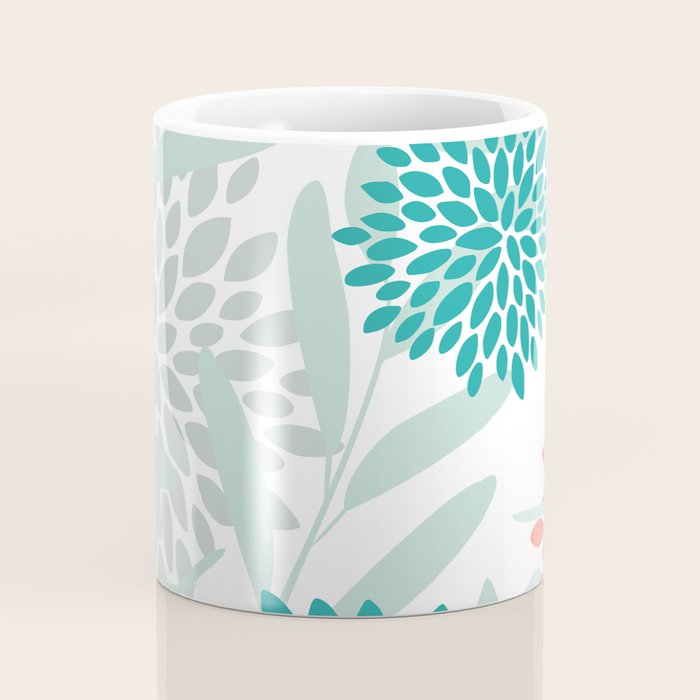 Festive, Floral Leaves and Blooms Coral, Teal Green and White Coffee Mug Gallery Image 4