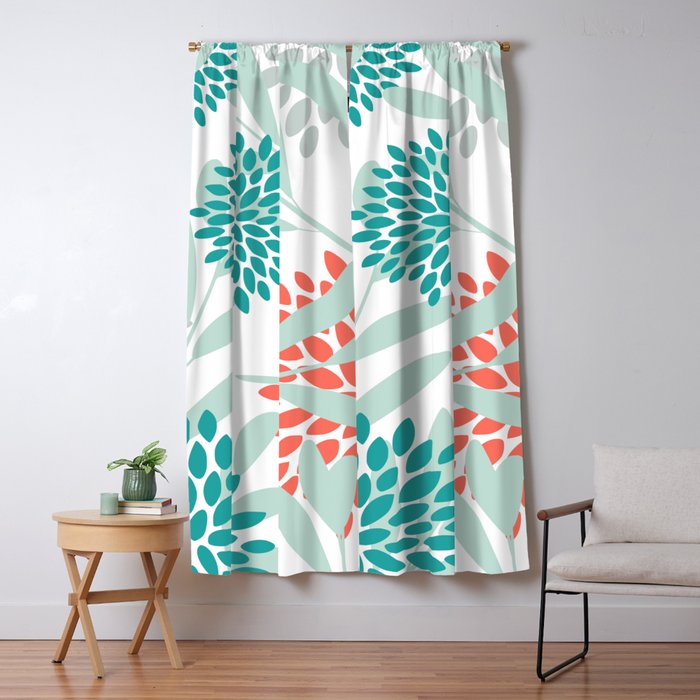 Festive, Floral Leaves and Blooms Coral, Teal Green and White Window Curtain Gallery Image 5