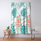 Festive, Floral Leaves and Blooms Coral, Teal Green and White Window Curtain Gallery Image 5