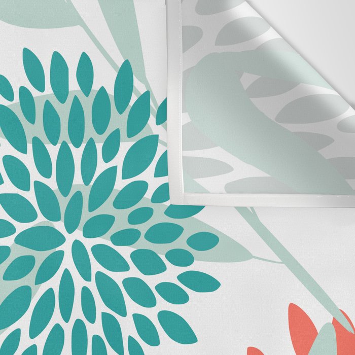 Festive, Floral Leaves and Blooms Coral, Teal Green and White Wall Tapestry Gallery Image 3