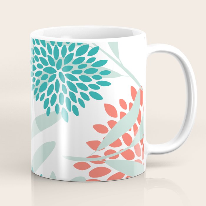Festive, Floral Leaves and Blooms Coral, Teal Green and White Coffee Mug Gallery Image 1