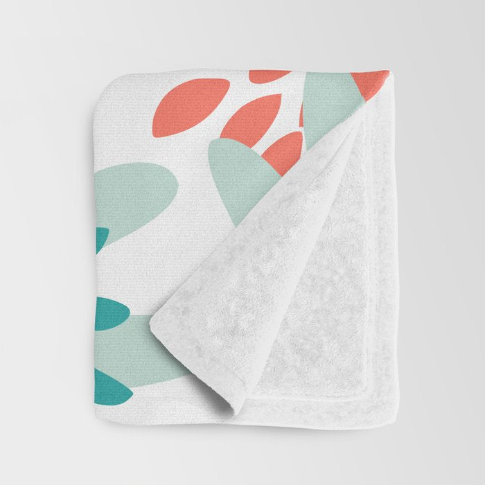 Festive, Floral Leaves and Blooms Coral, Teal Green and White Throw Blanket Gallery Image 3