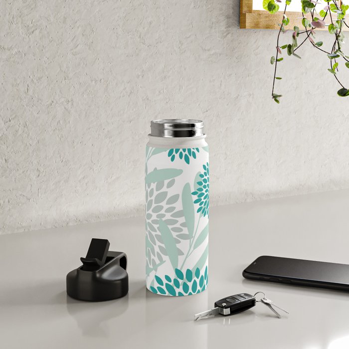 Festive, Floral Leaves and Blooms Coral, Teal Green and White Water Bottle Gallery Image 4