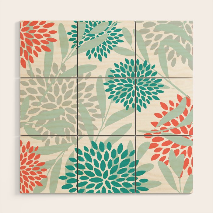 Festive, Floral Leaves and Blooms Coral, Teal Green and White Wood Wall Art Gallery Image 1