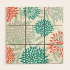 Festive, Floral Leaves and Blooms Coral, Teal Green and White Wood Wall Art Gallery Image 1