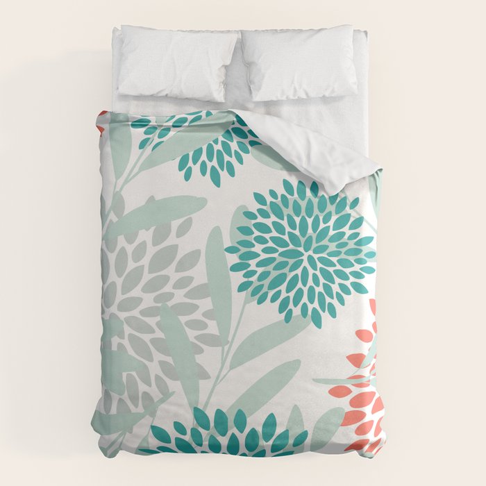 Festive, Floral Leaves and Blooms Coral, Teal Green and White Duvet Cover Gallery Image 1