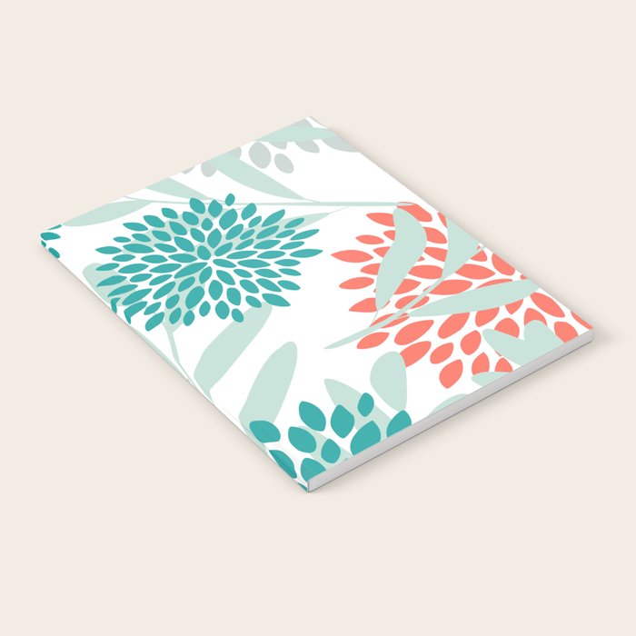 Festive, Floral Leaves and Blooms Coral, Teal Green and White Notebook Gallery Image 2