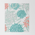 Festive, Floral Leaves and Blooms Coral, Teal Green and White Throw Blanket Gallery Image 2