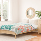 Festive, Floral Leaves and Blooms Coral, Teal Green and White Duvet Cover Gallery Image 2