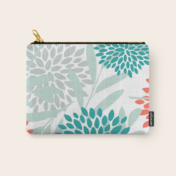 Festive, Floral Leaves and Blooms Coral, Teal Green and White Carry All Pouch Gallery Image 1