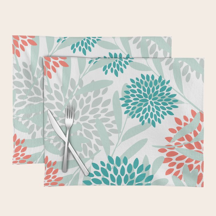 Festive, Floral Leaves and Blooms Coral, Teal Green and White Placemat Gallery Image 1