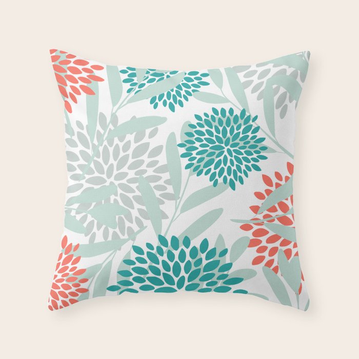 Festive, Floral Leaves and Blooms Coral, Teal Green and White Throw Pillow Gallery Image 1