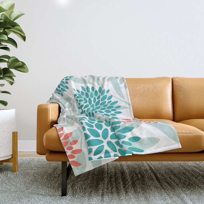 Festive, Floral Leaves and Blooms Coral, Teal Green and White Throw Blanket Gallery Image 1