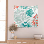 Festive, Floral Leaves and Blooms Coral, Teal Green and White Wall Tapestry Gallery Image 2