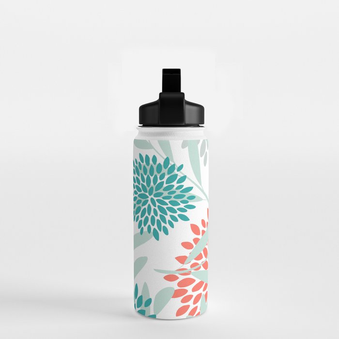 Festive, Floral Leaves and Blooms Coral, Teal Green and White Water Bottle Gallery Image 2