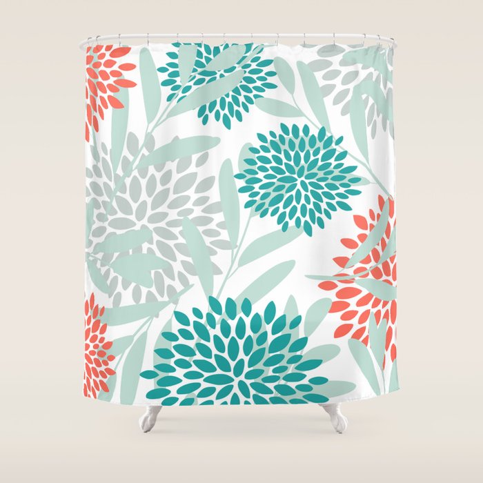 Festive, Floral Leaves and Blooms Coral, Teal Green and White Shower Curtain Gallery Image 1