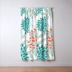 Festive, Floral Leaves and Blooms Coral, Teal Green and White Window Curtain Gallery Image 3