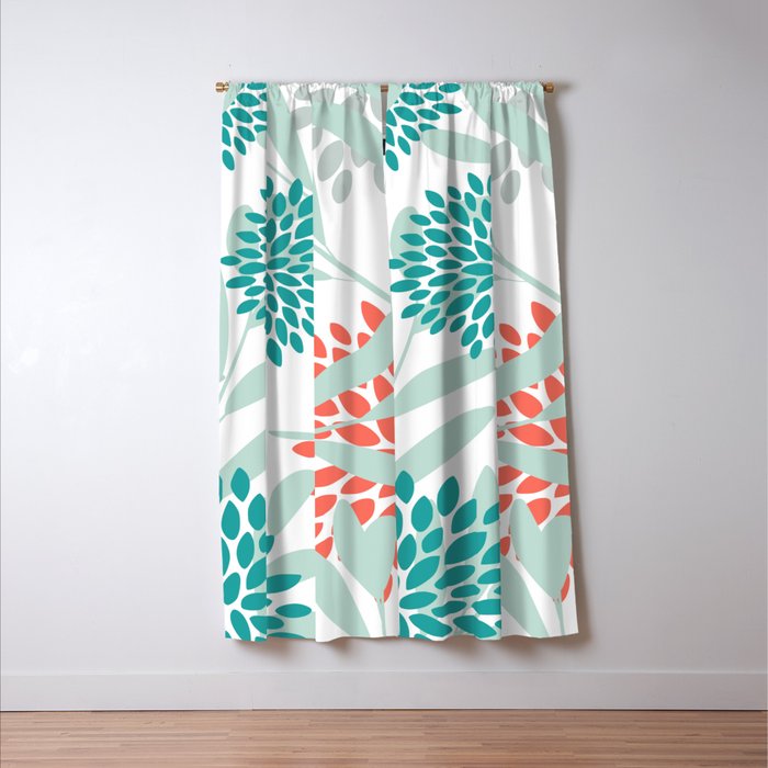 Festive, Floral Leaves and Blooms Coral, Teal Green and White Window Curtain Gallery Image 3
