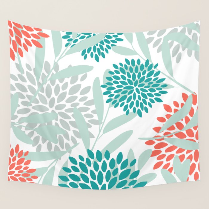 Festive, Floral Leaves and Blooms Coral, Teal Green and White Wall Tapestry Gallery Image 4