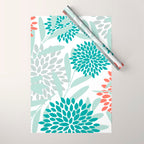 Festive, Floral Leaves and Blooms Coral, Teal Green and White Wrapping Paper Gallery Image 1