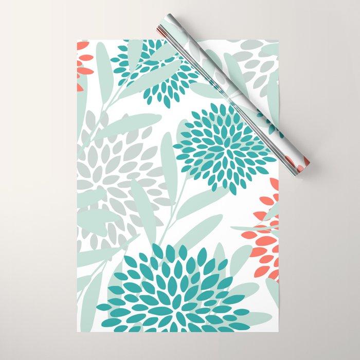 Festive, Floral Leaves and Blooms Coral, Teal Green and White Wrapping Paper Gallery Image 1