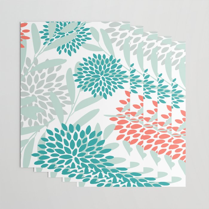 Festive, Floral Leaves and Blooms Coral, Teal Green and White Wrapping Paper Gallery Image 3