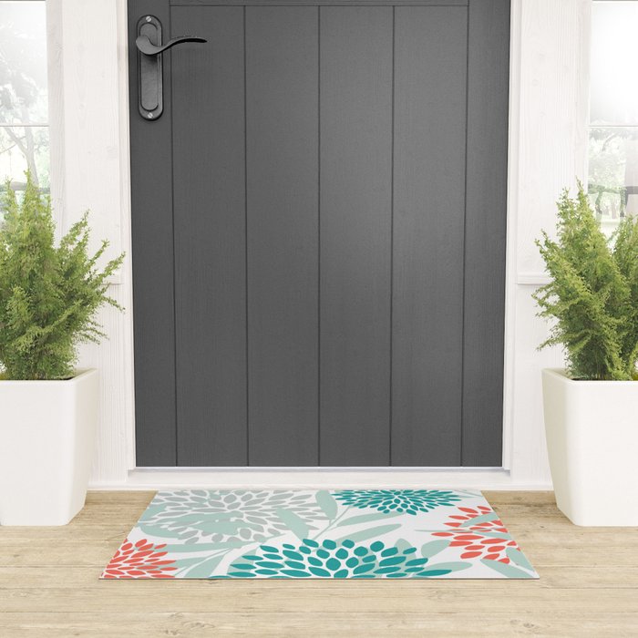 Festive, Floral Leaves and Blooms Coral, Teal Green and White Welcome Mat Gallery Image 3